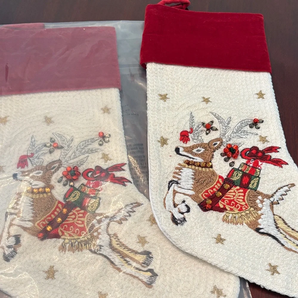 2 NWT Williams Sonoma Reindeer Stockings with Red & Cream Embroidery/bells